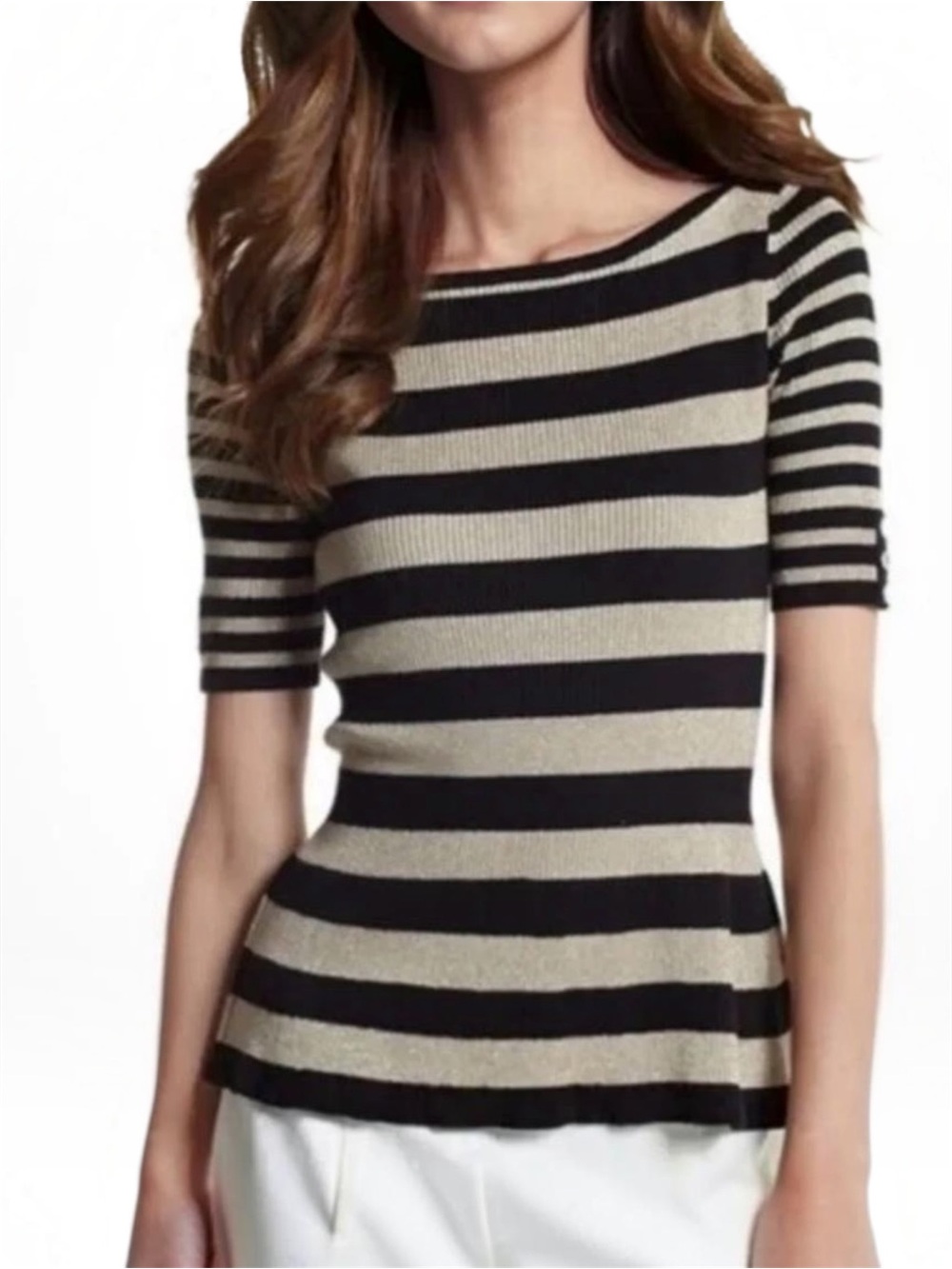 White House Black Market Striped Cutout Back Peplum Knit Top - Size S